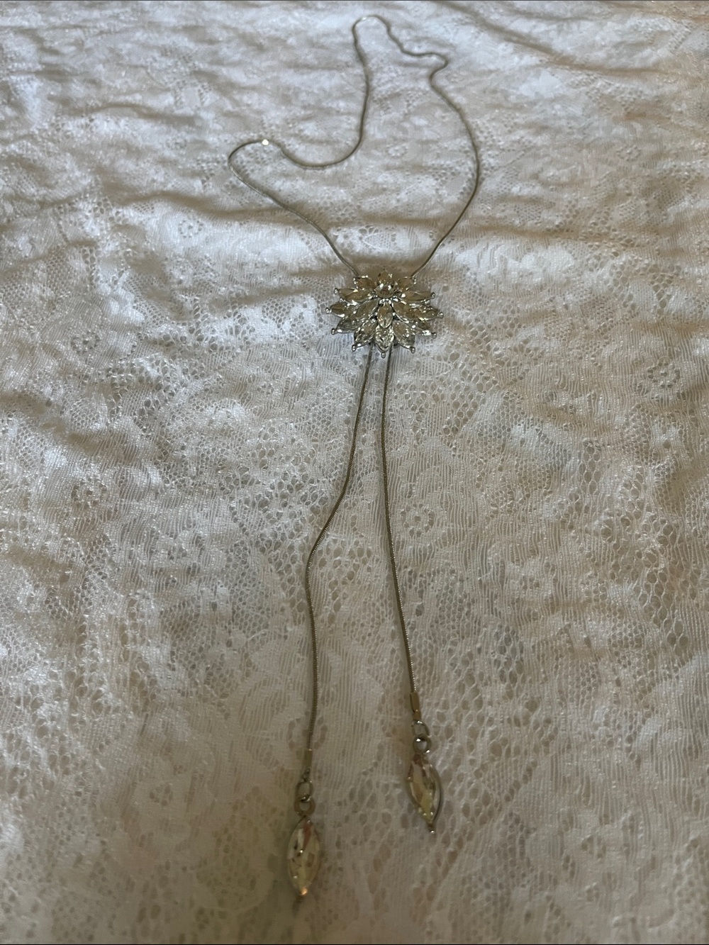 Silver Floral Crystal Lariat Necklace - Elegant Women Jewelry